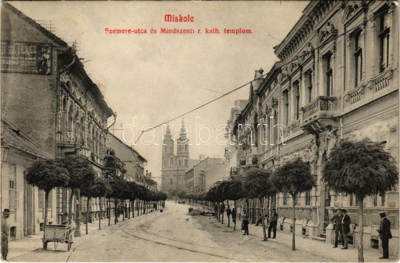 Miskolc, Szemere utca és Mindszenti római katolikus templom. Grünwald Ignác kiadása (ázott sarok / wet corner)
