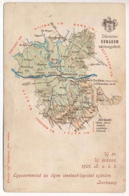 1901 Komárom vármegye térképe. Kiadja Károlyi Gy. / Komárnanská zupa / Map of Komárom County (kis szakadás / small tear)