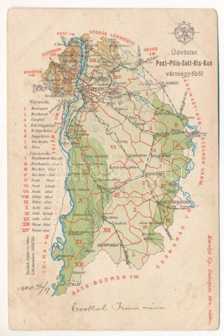 1900 Pest-Pilis-Solt-Kis-Kun vármegye térképe. Kiadja Károlyi Gy. / Map of Pest-Pilis-Solt-Kis-Kun county (EK)