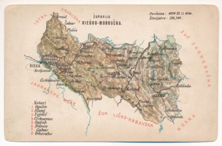 Modrus-Fiume vármegye térképe. Kiadja Károlyi Gy. / Zupanija Riecko-Modruska / Map of Modrus-Rijeka county (EB)
