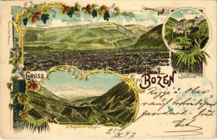 1897 (Vorläufer) Bolzano, Bozen (Südtirol); Burg Runkelstein, Mendel und Penegal, St. Magdalena mit Rosengarten. Ottmar Zieher / castle. Art Nouveau, floral, litho + 'BOZEN BAHNHOF'