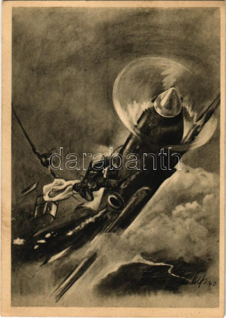 Kampf Jäger gegen Jäger. Eine Spitfire wird von einer deutschen Me 109 brennend abgeschossen. Der Adler die grosse Luftwaffen-Illustrierte / German WWII military aircraft / Német második világháborús katonai repülőgép s: R. Hess (EB)