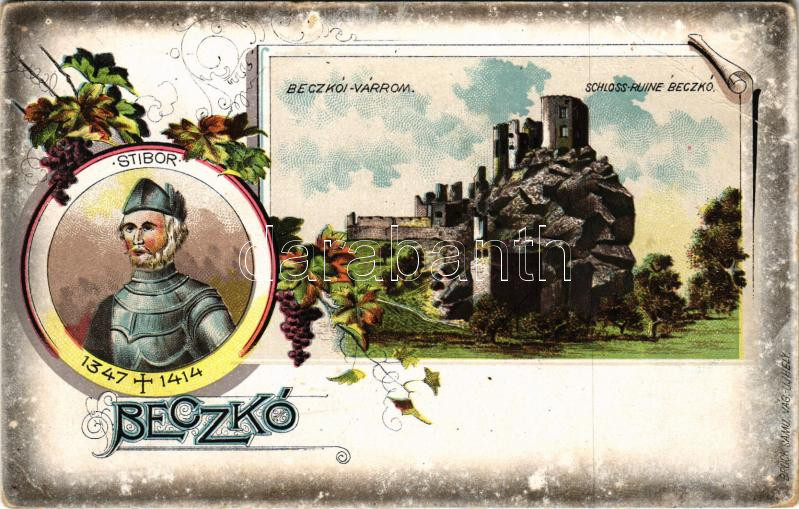 Beckó, Beczkó, Beckov; Várrom, Stiborici Stibor (1347-1414) ispán / hrad, Stibor zo Stiboríc / castle ruins, count. Brück Samu Art Nouveau, floral, litho (EB)