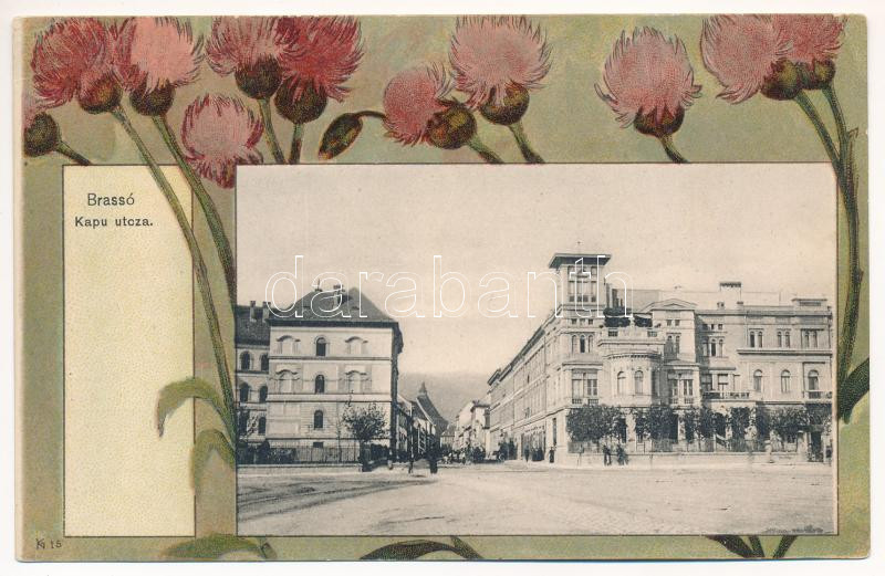 Brassó, Kronstadt, Brasov; Kapu utca, Kertsch nyaraló. Szecessziós virágos litho keret / street, villa. Art Nouveau, flower litho (EK)