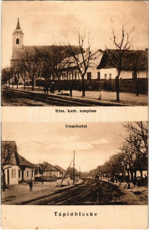 Tápióbicske, Római katolikus templom, Fő utca télen. Pottok Ernő fényképész kiadása (EK)