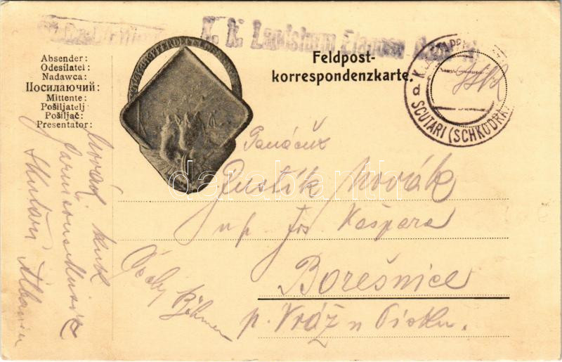 1918 K.u.k. Pferdefeldbahn 1914 Feldpostkorrespondenzkarte / Cs. és kir. lóvasút tábori postája a sapkajelvényük képével (EK)
