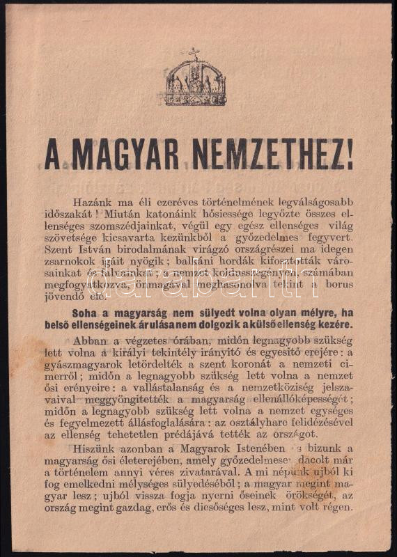 1920 A Magyar Királyság Pártjának . Royalista Párt röplapja