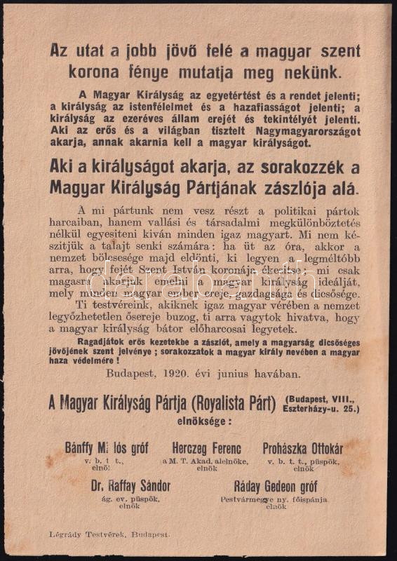 1920 A Magyar Királyság Pártjának . Royalista Párt röplapja - Image 2
