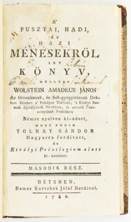 Fugger, (Markus) Márk: ~ urnak a' lóvak neveléséről irtt könyve, mellyet Wolstein Amadeus János... Német nyelven ki-adott, most pedig Tolnay Sándor Magyarra forditott. II. rész: A' Pusztai, Hadi, És Házi Ménesekröl Irt Könyv. Béts,