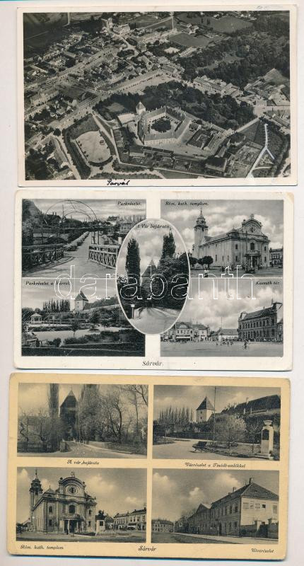 Sárvár - 3 db RÉGI város képeslap, közte légi felvétel / 3 pre-1945 town-view postcards