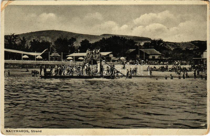 Nagymaros, Strand, fürdőzők, csúszda. Virág István kiadása (EM)
