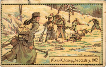1917 M. kir. 40. honvéd gyaloghadosztály özvegyei és árvái javára, Tábori levelezőlap. Lengyel Lipót műintézete / WWI Austro-Hungarian K.u.K. military art postcard, charity fund. litho s: Glogovácz (EK)