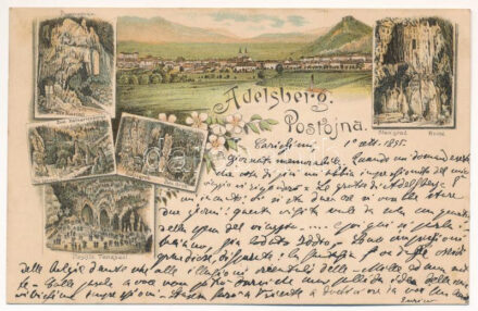 1895 (Vorläufer!) Postojna, Adelsberg; Propovednica, Pod kalvarij, Bozj i grob, Plesisce, Stari grad, Jama / cave interior. Art Nouveau, floral, litho
