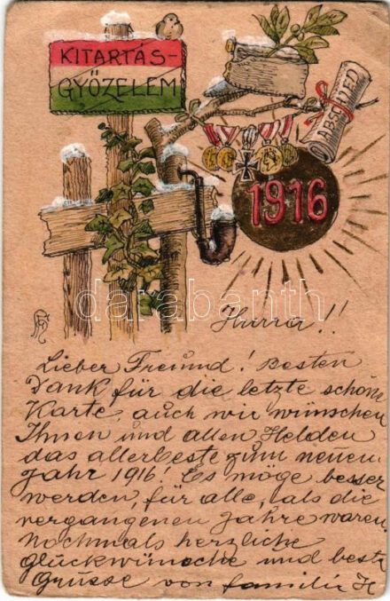 1916 Kitartás-Győzelem! Tábori Postai Levelezőlap - Kézzel rajzolt magyar katonai üdvözlet Hackenberg Ferenctől / K.u.k. Feld. Haubitzer Rgt. 31. Stab Feldpost No. 105. / WWI Hungarian military hand-drawn greeting, field post (gyűrődések