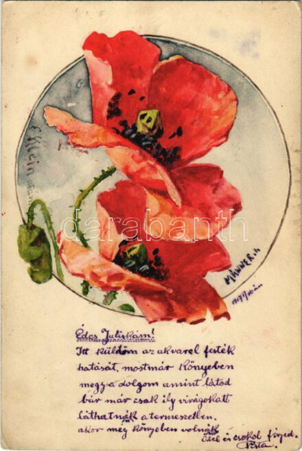 1917 K.u.K. I.R. 6. Zu Gunsten des Witwen und Waisenfonds des I.R. 6. / A cs. és kir. 6. gyalogezred rokkantjai, özvegyei és árvái javára tábori levelezőlap - kézzel rajzolt katonai üdvözlet Stefan Mánnertől (F.H. Reg. No. 39. Batt. 5.
