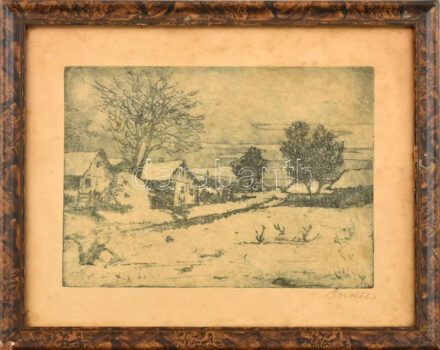 Horváth Lajos (?-?): Faluvége. Rézkarc, papír, jelzett. Üvegezett, sérült régi fakeretben, 18×24 cm