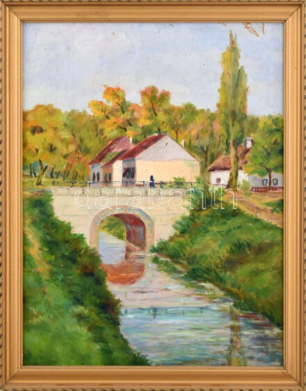 Jelzés nélkül: Vízparti táj. Olaj, farost. 43x34 cm. Fakeretben.