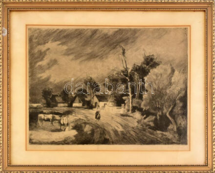 Vati József (1927-2017). Estefelé. Rézkarc, papír, jelzett. Üvegezett fakeretben. 29x40 cm