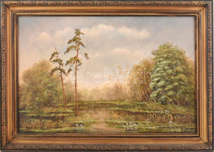 Olvashatatlan cirill betűs jelzéssel: Vízparti táj. Olaj, vászon. 40x60 cm. Dekoratív fakeretben.