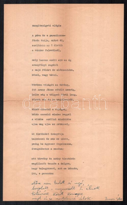 Devecseri Gábor (1917-1971) költő, műfordító géppel írt és autográf vers kézirata. Margitszigeti elégi c. verse. A vers az 1945-ben megjelent verseskötet címadó költeménye