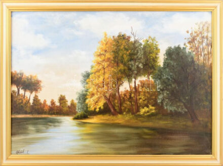 Ofcsák László (?-): Vízparti táj. Olaj, vászon. Dekoratív fakeretben. 50x70 cm
