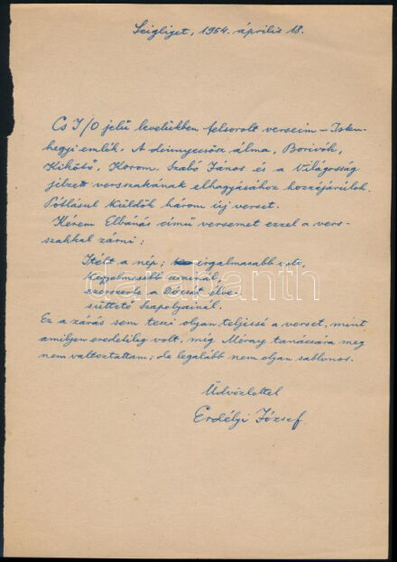 1954 Erdélyi József (1896-1978) Baumgarten-díjas költő autográf levele, melyben versei átíáráshoz hozzájárul, valamint Elbánás c. verséhez egy új versszakot küld