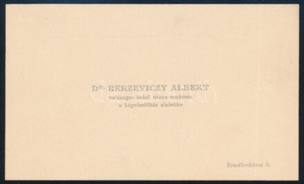 Berzeviczy Albert (1853-1936) politikus, történetíró, egykori miniszter, a Magyar Tudományos Akadémia elnöke (1905-1936) autográf sorai névjegykártyáján