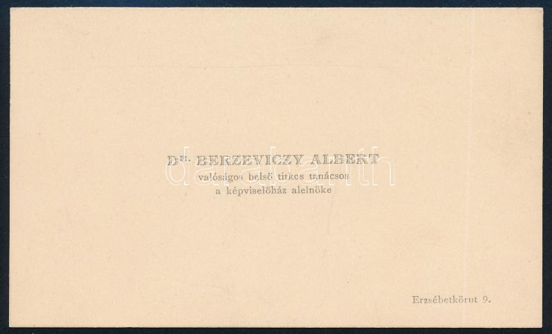 Berzeviczy Albert (1853-1936) politikus, történetíró, egykori miniszter, a Magyar Tudományos Akadémia elnöke (1905-1936) autográf sorai névjegykártyáján