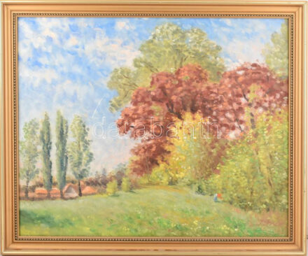 Olvashatatlan jelzéssel: Napfényes táj. Olaj, farost. 55x68 cm. Dekoratív fakeretben.