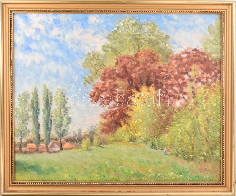Olvashatatlan jelzéssel: Napfényes táj. Olaj, farost. 55x68 cm. Dekoratív fakeretben.