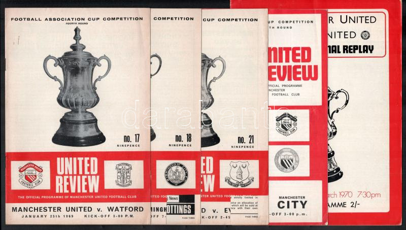 1968-1970 A Manchester United angol labdarúgócsapat kupamérkőzéseinek programfüzetei (BEK, FA Kupa), össz. 9 db, tanúsítvánnyal / Manchester United cup match programmes (European Champions Cup, FA Cup), 9 in total, with certificate - Image 2