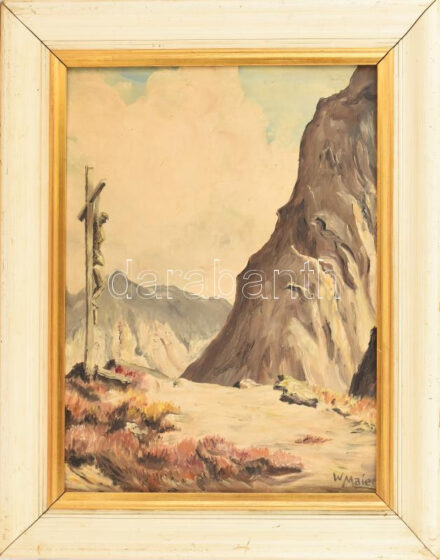 Werner Maier (?-): Feszület a hegyoldalban. Olaj, farost. 40x30 cm. Dekoratív fakeretben.