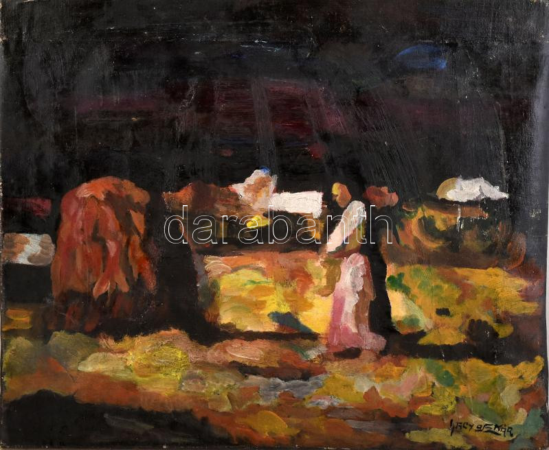 Nagy Oszkár jelzéssel: Földeken. Olaj, vászon, javított, kissé sérült. 50x62 cm.