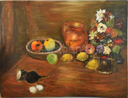 Vén Emil jelzéssel: Csendélet. Olaj, farost. 77x108 cm. KIZÁRÓLAG SZEMÉLYES ÁTVÉTEL, NEM POSTÁZZUK! / ONLY PERSONAL COLLECTION AT OUR OFFICE!