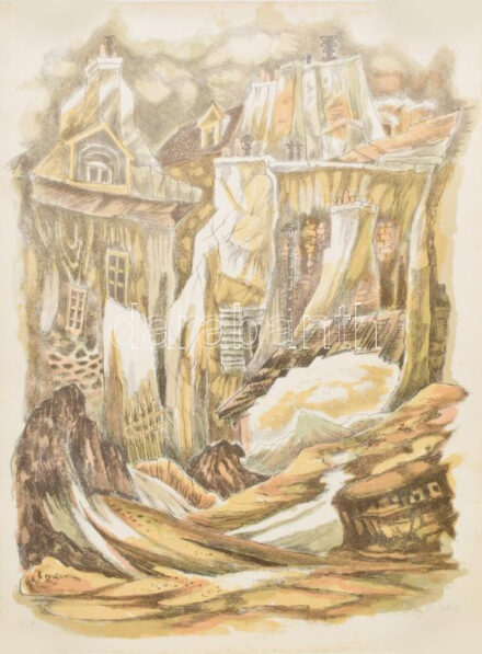 Szilárd Klára (Claire Szilard) (1921-2017): Sziklás táj. Litográfia, papír, jelzett. Feltekerve, hengerben, 64,5x48 cm