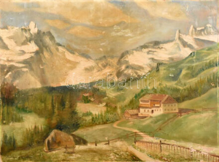 Katona Nándor jelzéssel: Hegyvidéki táj. Olaj, vászon, faroston. Sérült. 59x79 cm.