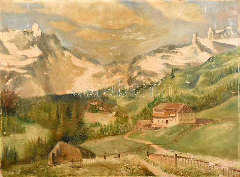 Katona Nándor jelzéssel: Hegyvidéki táj. Olaj, vászon, faroston. Sérült. 59x79 cm.