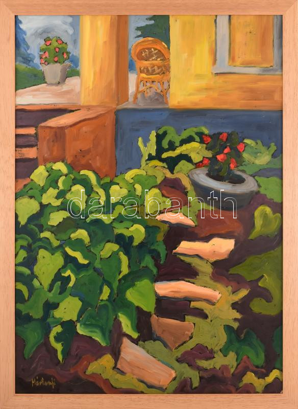 Mártonfi Benke Márta (1958-): Virágzó kert (cím nélkül). Olaj, farost, jelzett. Fakeretben. 100x70 cm. KIZÁRÓLAG SZEMÉLYES ÁTVÉTEL, NEM POSTÁZZUK! / ONLY PERSONAL COLLECTION AT OUR OFFICE!