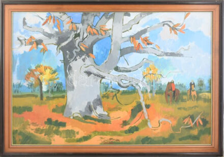 B. Séday Mária (1925-2009): Őszi lovaglás. Olaj, farost, jelzett. Hátoldalán autográf felirattal. Fakeretben. 60×90 cm / oil on wodd fibre, signed, with autograph description on the reverse