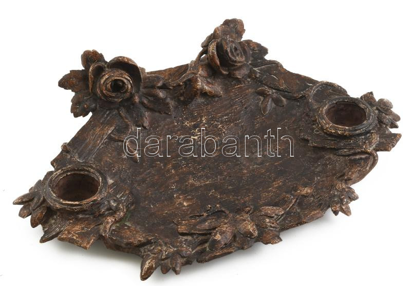 Antik faragott fa tintatartó, betétek nélkül, kopásokkal, 20x36 cm