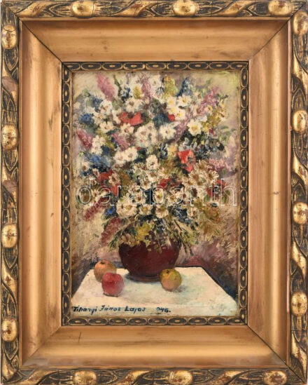Tihanyi János Lajos (1892-1957): Csendélet. Olaj, karton, jelzett. Dekoratív, kissé sérült fa keretben. 28x20 cm