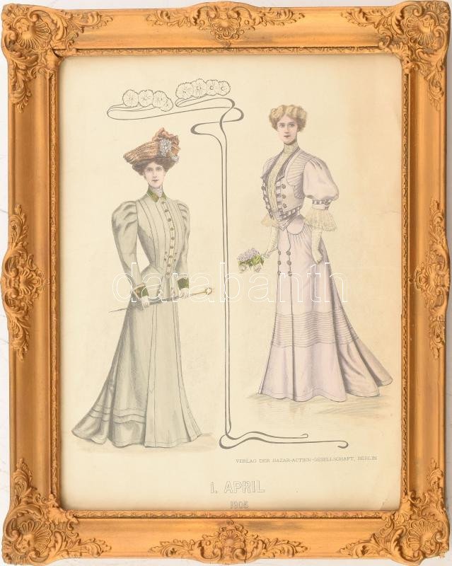Szecessziós női divatkép, 1905.IV.1, Verlag der Bazar-Actien-Gesellschaft, Berlin. Rotációs fametszet, papír. Dekoratív, üvegezett fakeretben. 31,5×24 cm