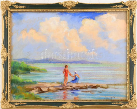 Bertalan Rózsa (1900-1987): Balatoni fürdőzők, 1940. Pasztell, papír, jelzés nélkül, jobbra lent autográf datálással, 23x31,5 cm. Dekoratív, üvegezett fakeretben.