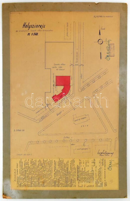 1942 Helyszínrajz az érsekújvári levente otthon tervezéséhez, 1:500, kartonra kasírozva, 63×43 cm