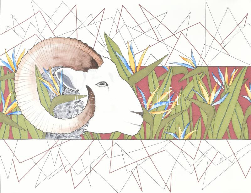 Kun Sarolta (1990-): Zodiákus sorozat: Kos. Vegyes technika, papír, jelzett, felcsavarva, 40x50 cm