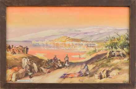 Tichy Kálmán (1888-1968): Szidón. Akvarell, papír, jelzett, 27x36 cm / Kálmán Tichy (1888-1968): Sidon. Watercolour on paper, signed, framed. 27x36 cm