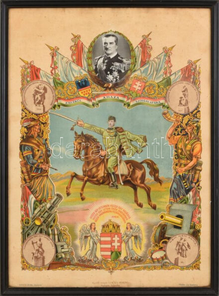 cca 1930 'Emlékül a haza szolgálatára' irredenta katonai emléklap, rajta Horthy Miklós arcképe és a Magyar Hiszekegy, üvegezett keretben, 57×42 cm