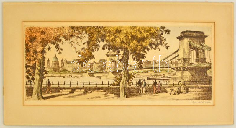 Zádor István (1882-1963): Lánchíd, színezett rézkarc, papír, jelzett, paszpartuban, 19,5×48 cm - Image 3