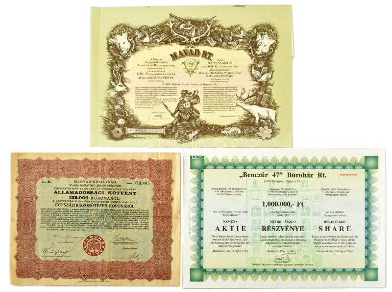 Budapest 1925. 'Magyar Királyság 5%-kal kamatozó Járadékkölcsön Államadóssági Kötvény' 125.000K-ról, szelvényekkel + 1993. 'MAVAD Rt.' 1000Ft értékű részvénye szelvényekkel + 1994. 'Benczúr 47 Büroház Rt' névre szóló