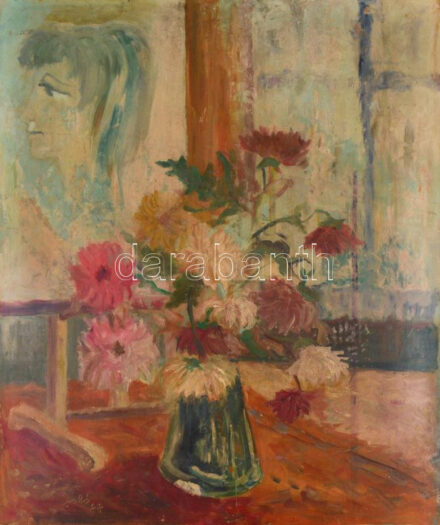 Szabó 78 jelzéssel: Csendélet női arccal. Olaj, karton, 73×61 cm